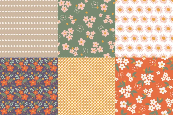 Reihe Stilvoller Nahtloser Muster Mit Blumen Vektorillustration — Stockvektor