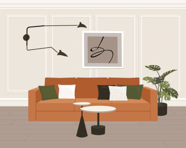 Trandy scandinavian modern home design. Livingroom interior vector illustration. Flat interior furniture elements sofa, tables set, plant