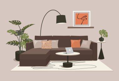Trandy scandinavian modern home design. Livingroom interior vector illustration. Flat interior furniture elements sofa, tables set, plant