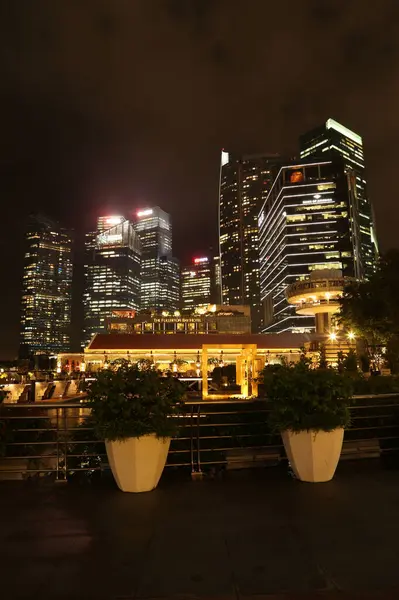 Geceleri Singapur Panoraması. Merlion Park 'taki körfezin suyuna yansıyan gökdelenler. Müze nilüferleri. Marina Körfezi yakınlarındaki Merlion Parkı.