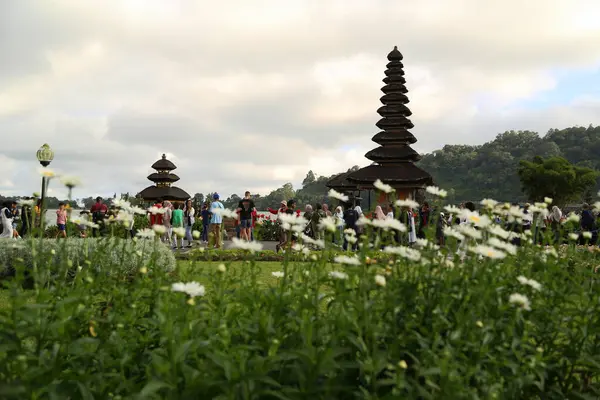 Bali Adası 'ndaki Pura Ulun Danu Batur Tapınağı. Sazdan çatılı Budist tapınağı. Göldeki tapınak. Etrafta bir sürü yeşillik var..