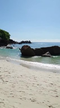 Altın Kum, Turkuaz Okyanus Dalgaları, Berrak Yeşil Ağaçlar ve Açık Mavi Gökyüzü olan tenha Tropikal Plajlar.