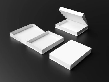 Kapak kapağı ve gölgesi siyah arkaplanda izole edilmiş boş karton kutu dikdörtgen, üç boyutlu görüntüleme.