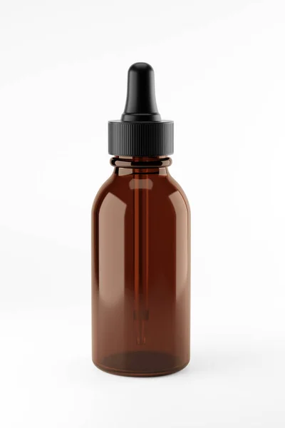 白い背景に隔離された茶色の医療用油ガラスボトルの3Dレンダリング 香水瓶の容器は茶色のガラスをシミュレート — ストック写真