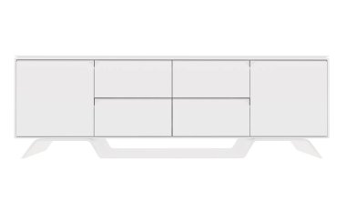 Çekmeceli modern beyaz TV standı, temiz, basit ve güzel tasarım, ev dekoru, şablon, 3 boyutlu illüstrasyon.
