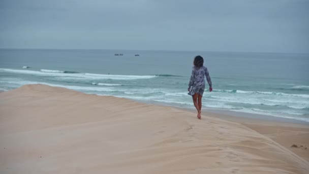Woman Seen Walking Dune Beach — Stock video