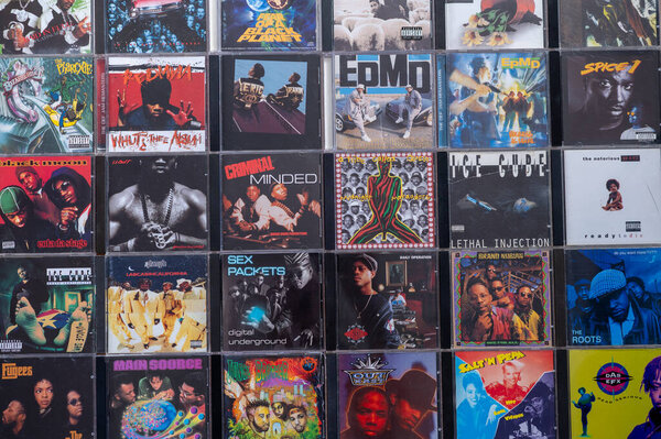 September 2023 Port Elizabeth, South Africa Assortment of hip hop cds shot from directly above
