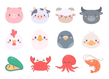 Çiftlik hayvanları yemek için karikatür yüzler. Yemek pişirmek için et