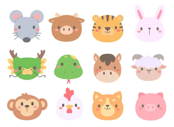 Cute Animal Faces According Year Zodiac — Stock Vector