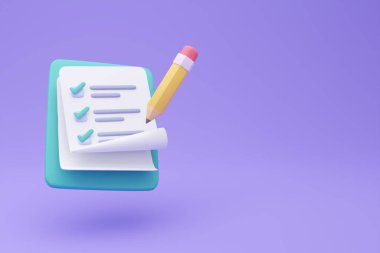 3 boyutlu rapor kağıdı panosu. Liste notları için not kağıdı. 3B illüstrasyon.