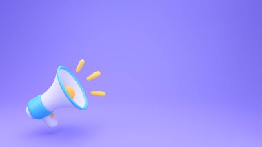 Megafon ürün tanıtım uyarısı. 3d resimleme arkaplanı.