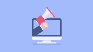 businessman hand holding broadcasting megaphone protruding from the computer screen online marketing ideas