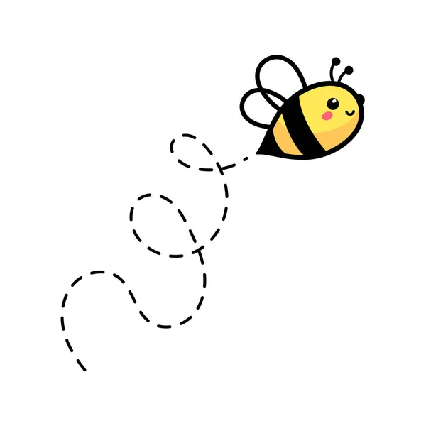 Cartoon Schattig Bijtje Vliegen Stippellijn Naar Zoete Honing Vinden — Stockvector