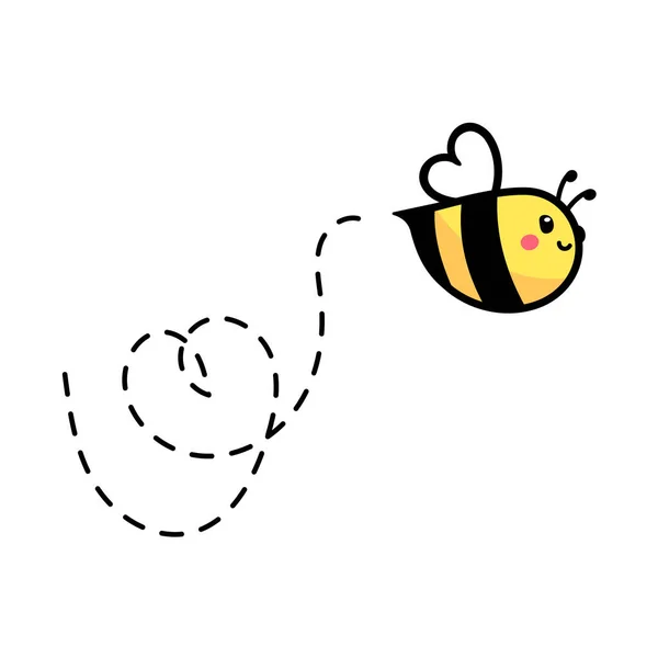 漫画かわいいミツバチは甘い蜂蜜を見つけるために点線上を飛んで — ストックベクタ