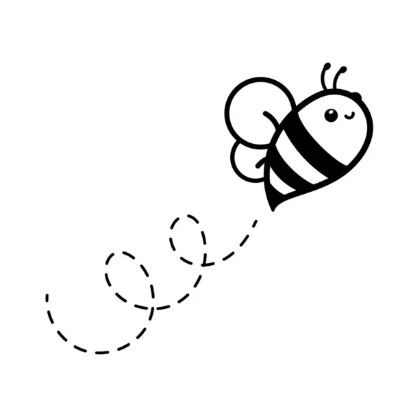 Cartoon Niedliche Kleine Biene Fliegt Auf Der Gestrichelten Linie Süßen — Stockvektor