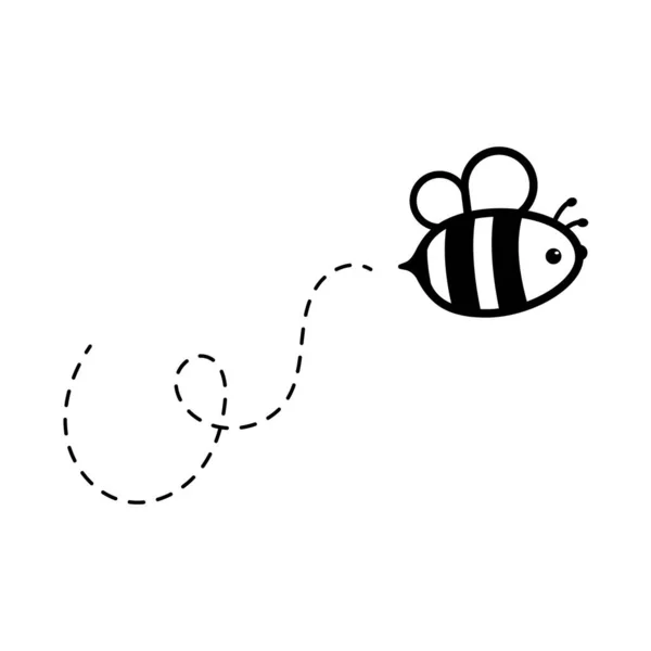 漫画かわいいミツバチは甘い蜂蜜を見つけるために点線上を飛んで — ストックベクタ