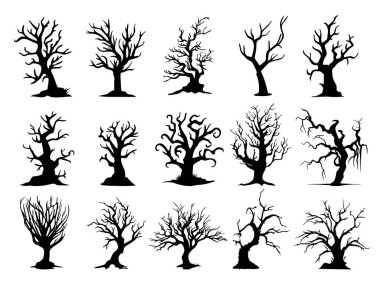 Kuru ağaç silueti. Cadılar Bayramı kartı dekorasyonu için korkunç şeytan suratlı hayalet ağacı.