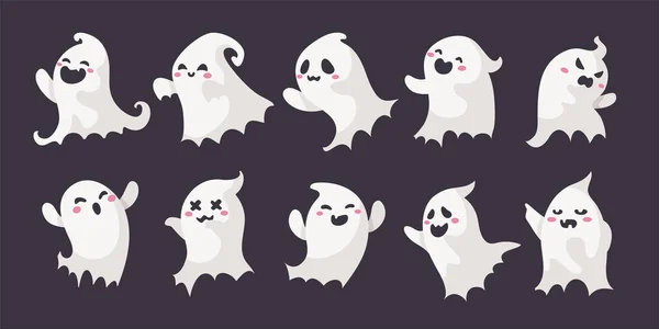 Tecknad Spöke Vit Mantel Flytande Haunt Och Skrämma Människor Halloween — Stock vektor