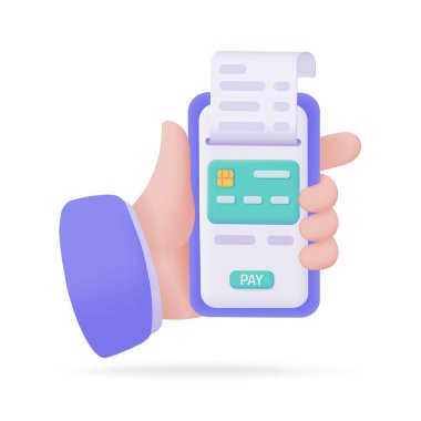 El ele tutuşarak. Çevrimiçi ödeme için kredi kartsız toplum taraması QR kodu ile çevrimiçi ödeme. 3B illüstrasyon.