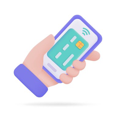 El ele tutuşarak. Çevrimiçi ödeme için kredi kartsız toplum taraması QR kodu ile çevrimiçi ödeme. 3B illüstrasyon.