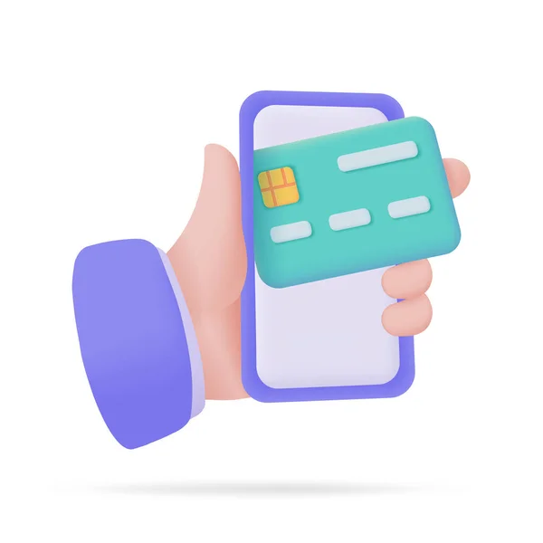 携帯電話を持ってる クレジットカードのキャッシュレス社会によるオンライン決済オンラインで支払うためにQrコードをスキャンします 3Dイラスト — ストックベクタ