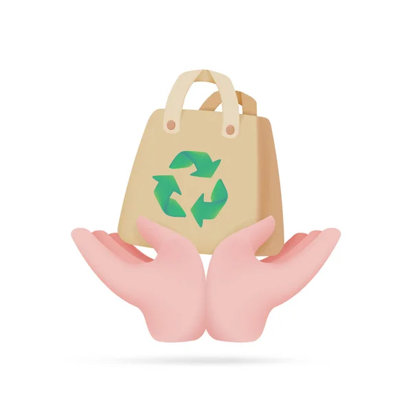 手握回收纸袋塑料还原的概念为地球 3D插图 — 图库矢量图片