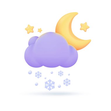 Yağmurlu bir günde ay ve bulutlarla birlikte 3D hava tahmini ikonları gecesi. 3d illüstrasyon