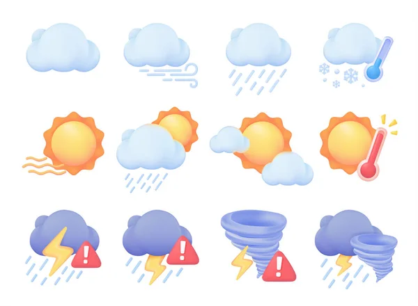 天気予報アイコン 雨の3Dベクトル図と雲の後ろの太陽 — ストックベクタ