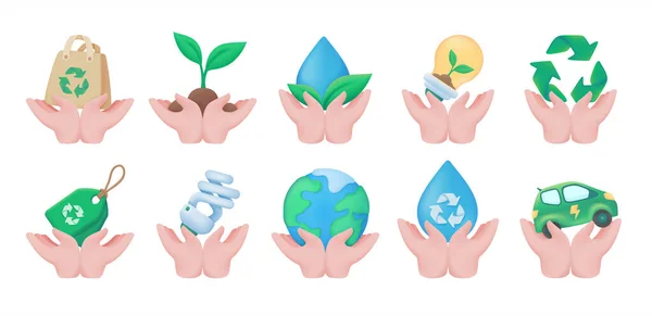 Doğal Materyalleri Tutan Eller Çevresel Koruma Kavramı Boyutlu Vektör Illüstrasyonu — Stok Vektör