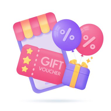 Tenteli cep telefonları müşterilere özel indirimler sunuyor. Çevrimiçi iş konsepti. 3B illüstrasyon.