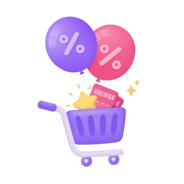 Alışveriş arabaları ve indirimli satış fişleri. Özel indirim bildirimi. 3B illüstrasyon.