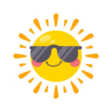 Güneş gözlüğü takan gülümseyen güneş çizgi filmi yaz seyahati konsepti güneş ışınlarından korunma