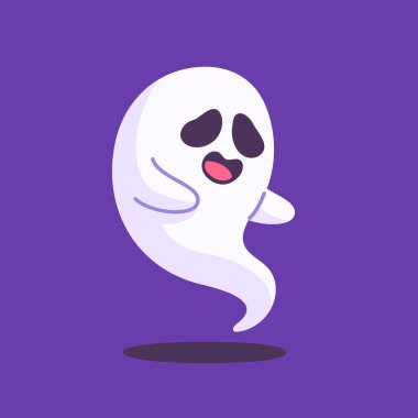 Beyaz pelerinli şirin hayalet karikatürü. Korkunç cadılar bayramı çizimi.