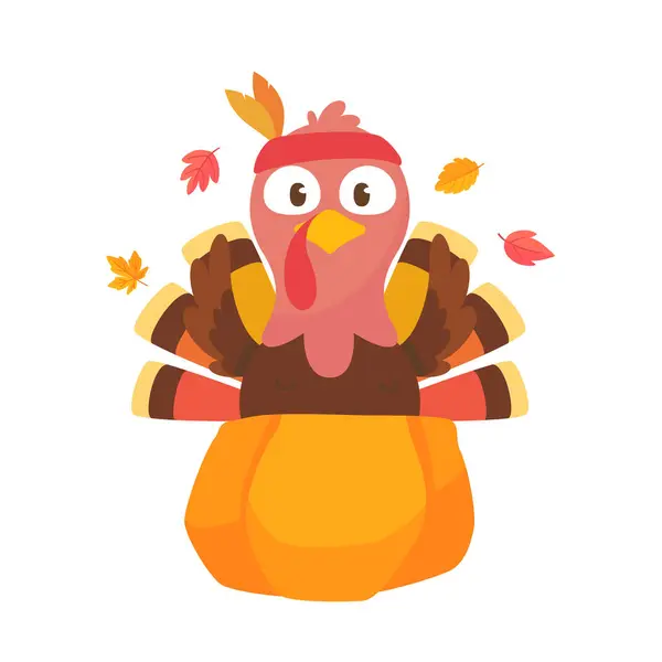 Heureux Thanksgiving Dessin Animé Dinde Mignonne Citrouille Automne — Image vectorielle
