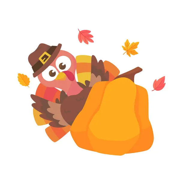Χαρούμενες Ευχαριστίες Καρτούν Γαλοπούλα Χαριτωμένο Και Κολοκύθα Φθινόπωρο — Διανυσματικό Αρχείο