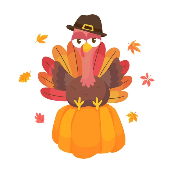 Gelukkig Thanksgiving Cartoon Kalkoen Schattig Pompoen Herfst — Stockvector