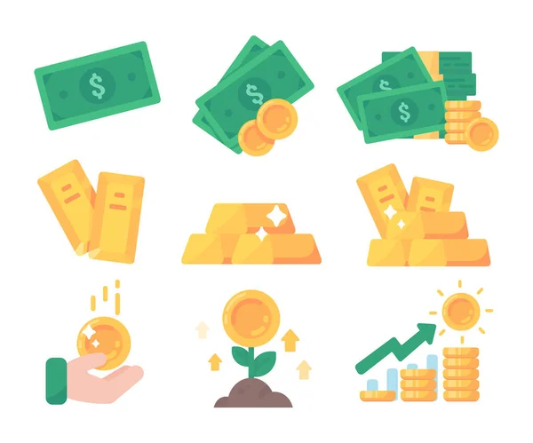Sammlung Von Geschäftsideen Für Investitionen Bargeld Und Goldscheine — Stockvektor
