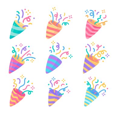 Party poppers explode confetti at birthday party events. clipart