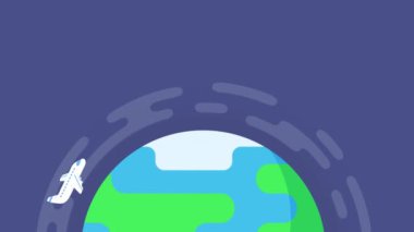 Çizgi film tarzında dünyanın üzerinde uçan bir uçak. Dünya seyahati kavramı