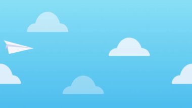 El yapımı katlanmış kağıt uçak gökyüzünde uçuyor seyahat özgürlüğü kavramı. 2 Boyutlu Canlandırma.