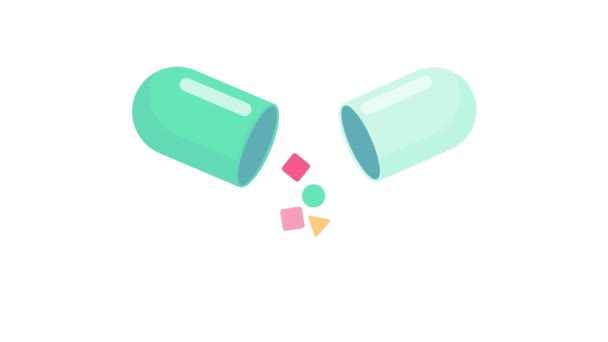 薬物カプセルを開設しました 患者に薬効を有するハーブ医薬品 2Dアニメーション — ストック動画