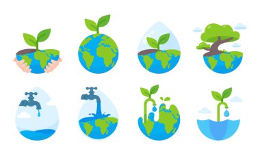 Yeryüzüne su damlaları düşen musluk Su kaynağı koruma kavramı