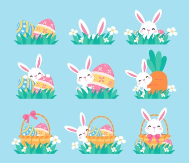 Paskalya Yumurtası Festivali sırasında renkli yumurtaların arkasında saklanan bir çizgi film tavşanı..