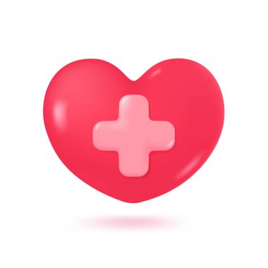 3 boyutlu kırmızı kalp ve artı işareti. Hayat sigortası konsepti kalp hastalarının tedavisine yardımcı oluyor. 3B Vektör İllüstrasyonu.