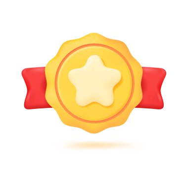 Üç boyutlu altın madalya. Kırmızı kurdeleli altın madalya. Spor şampiyonası konsepti. 3B Vektör İllüstrasyonu.