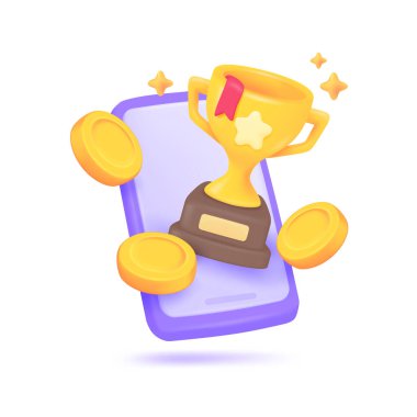 Üç boyutlu kupa. Spor müsabakalarında kazananları tebrik eden yıldızlarla dolu altın bir kupa. 3B Vektör İllüstrasyonu.