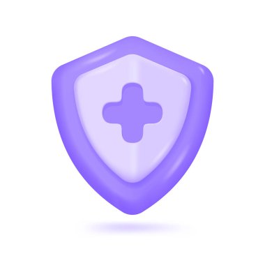 Artı mor 3D kalkan işareti. Basit minimalist stil tasarımı. Hastaların tıbbi tedavisine yardım etme kavramı. 3B Vektör İllüstrasyonu.