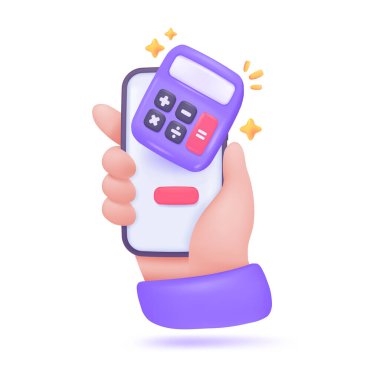 Matematiksel sonuçları bulmak için değerleri saymak için düğmeleri olan mor hesap makinesi. 3B Vektör İllüstrasyonu.