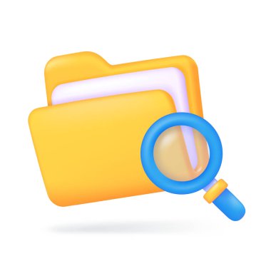 Üç boyutlu klasör. Belge dosyası. Bilgisayarda kolay arama için bilgi düzenliyorum. 3B vektör çizimi.