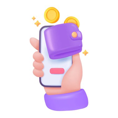 Tasarruf Yatırımını yönetmeye yardımcı olması için mobil ekran uygulamasında 3D cüzdan. 3B vektör çizimi.